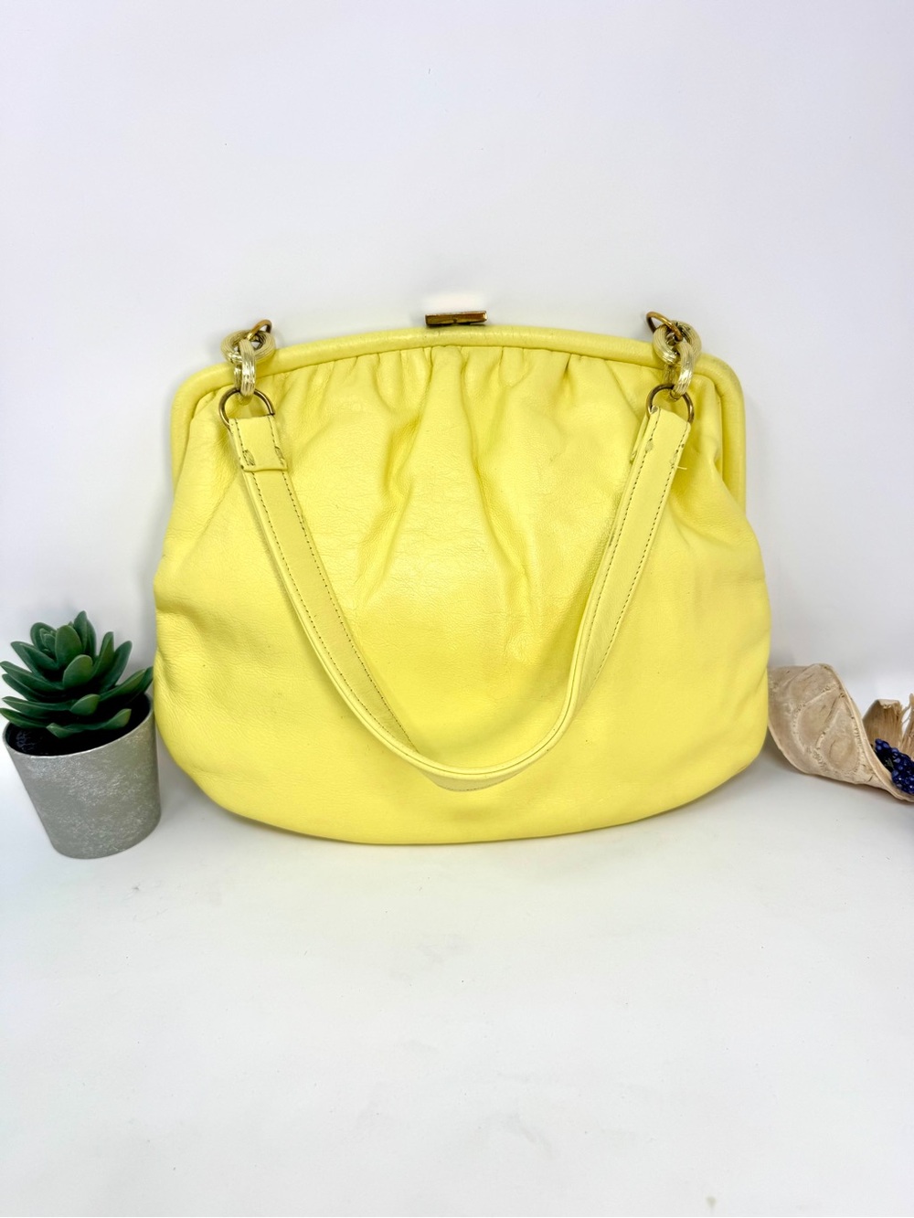 Vintage INGBER Yellow Solid Shoulder Bag Gold Tone Hardware Clasp Closure